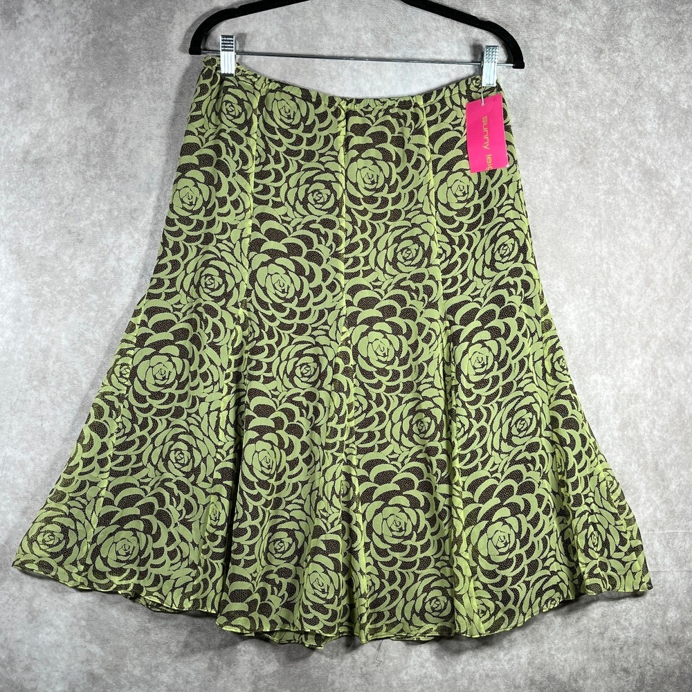 Sunny Leigh Silk Skirt Womens Small Green Floral Pleated Artsy Flowy‎ Office NEW